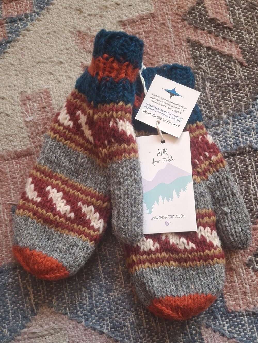 Multicolor Wool Mittens - Gray, Blue & Rust
